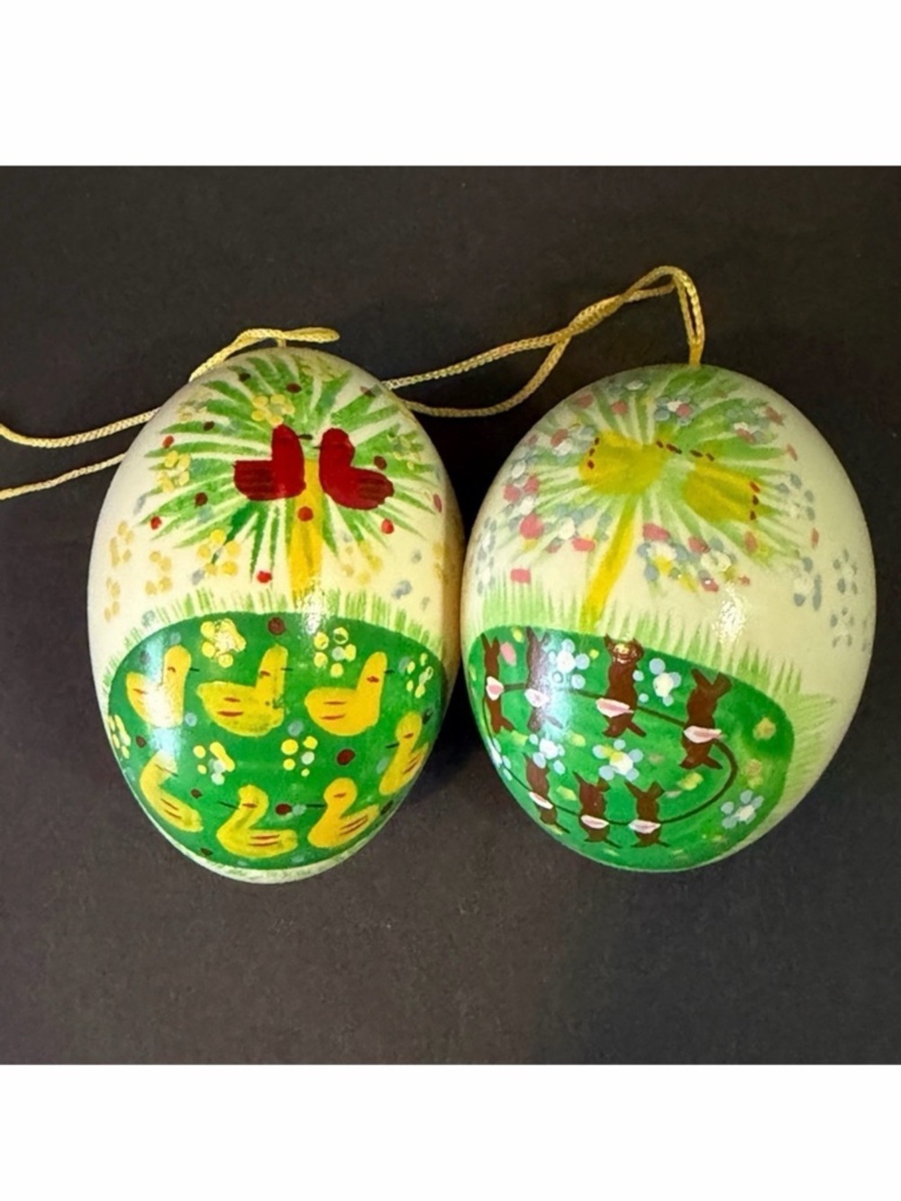 Folk Art Hand Painted Real BLOWN Easter Egg Ornaments Rabbit Duck Floral Lot 2x